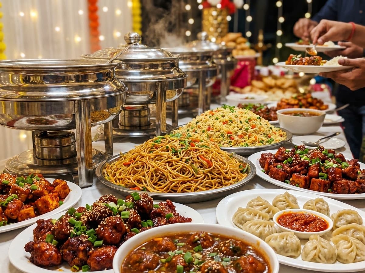 A generous catering spread laid out in chafing dishes for a party at Happy Belly Cafe