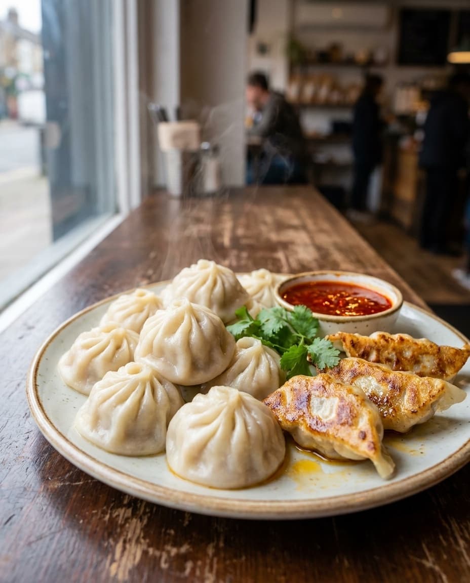 Freshly steamed momos with a side of red dipping sauce, steam rising