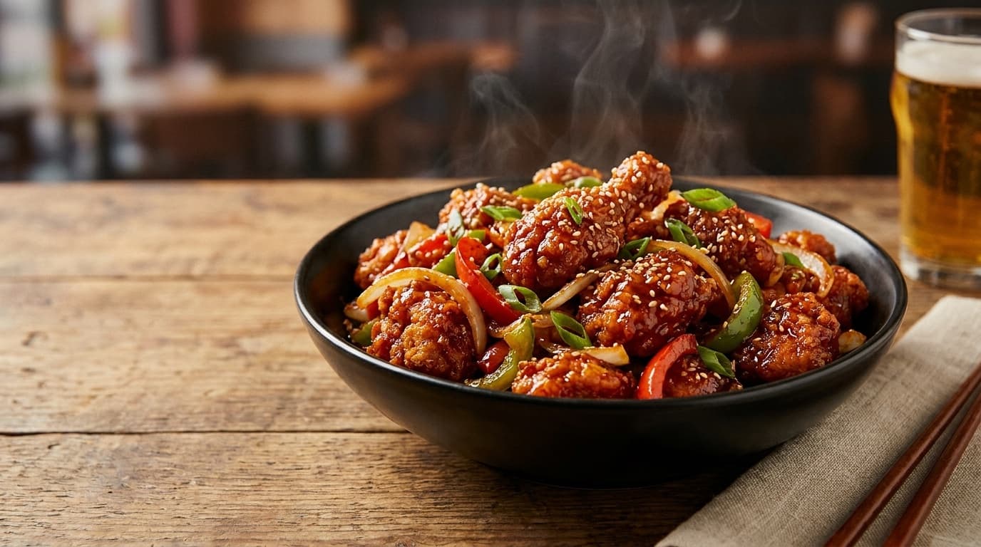 Glossy Indo-Chinese chilli chicken with peppers, onions and sesame