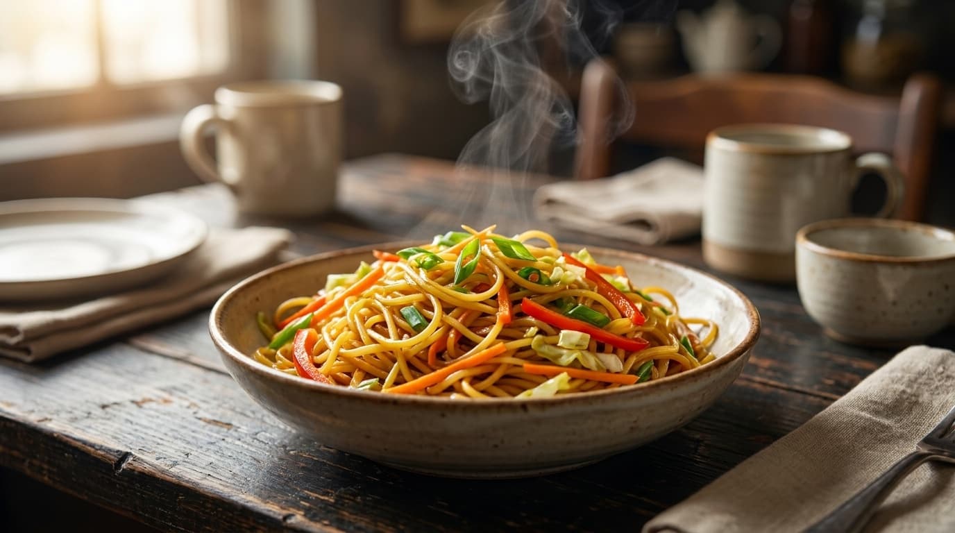 Golden wok-tossed Hakka noodles with crunchy vegetables