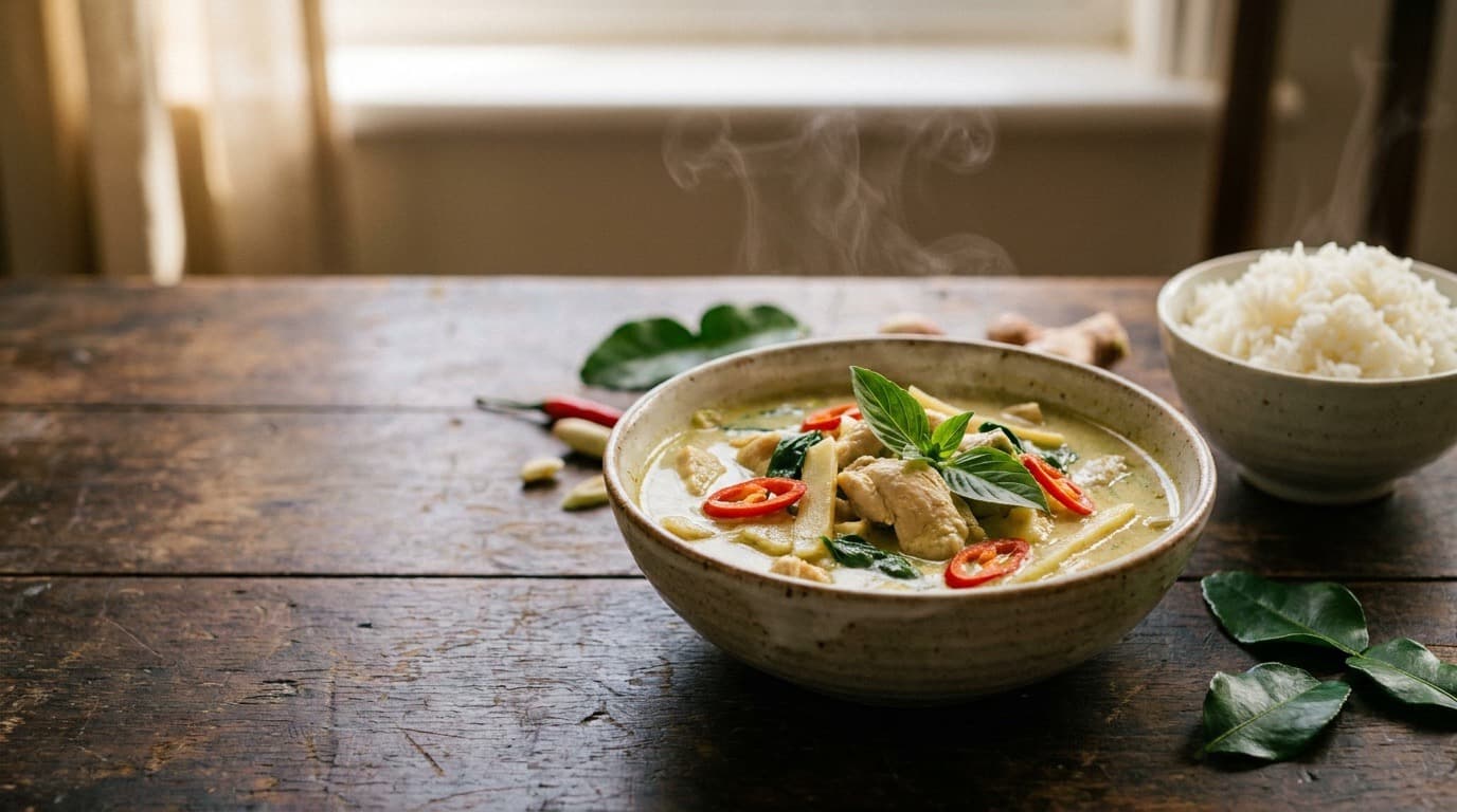 Creamy Thai green curry with basil and red chillies, served with jasmine rice
